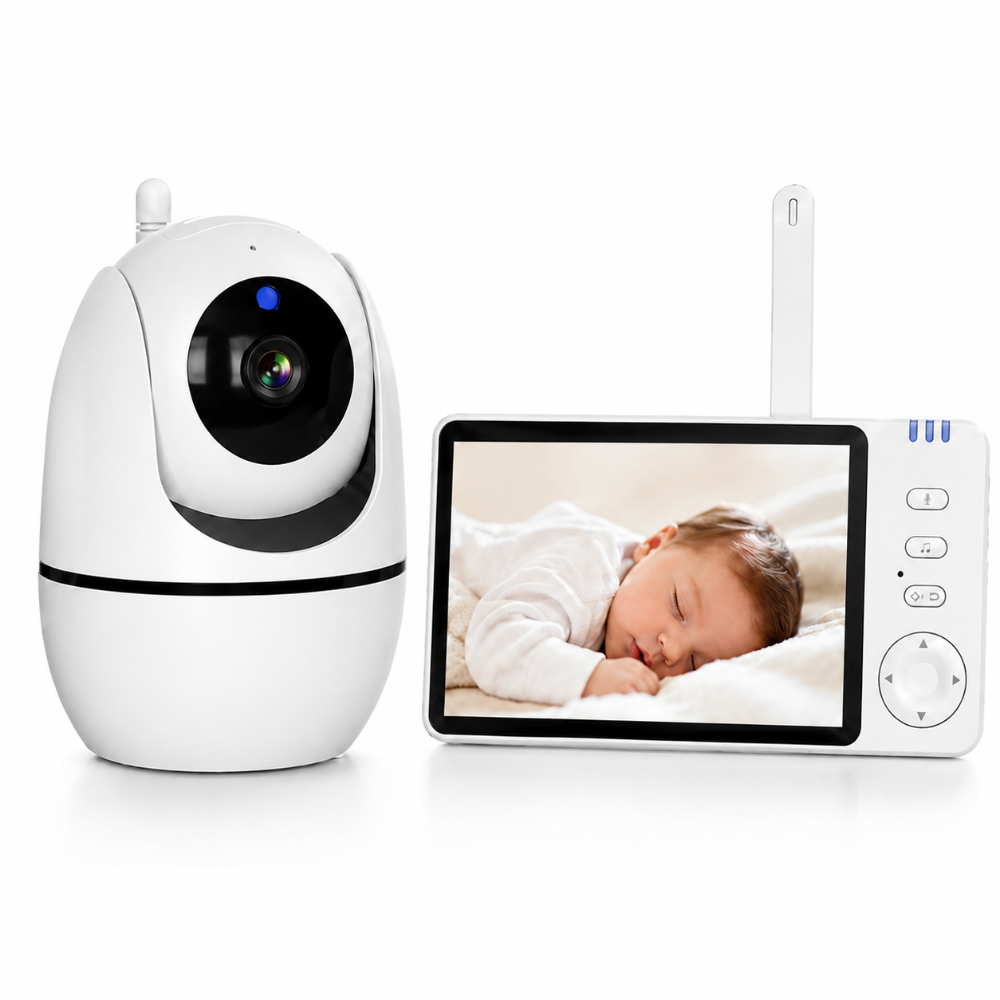 Baby monitor camera on white background with visible “Baby Monitor” label under blue signal bars, showing a sleeping baby on the screen and pan-tilt angle indicators, clean and minimal for product listing.