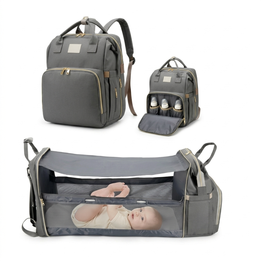Teal diaper bag with baby crib extension and measurements on a white background