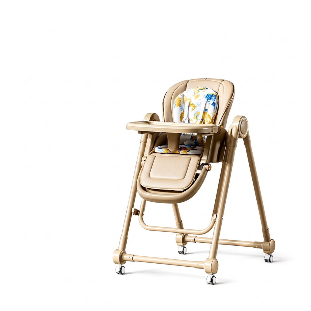 Beige baby high chair set in multiple positions on a clean white background, showing upright, reclined, and folded configurations with soft padded seat and modern design, ideal for product listing.