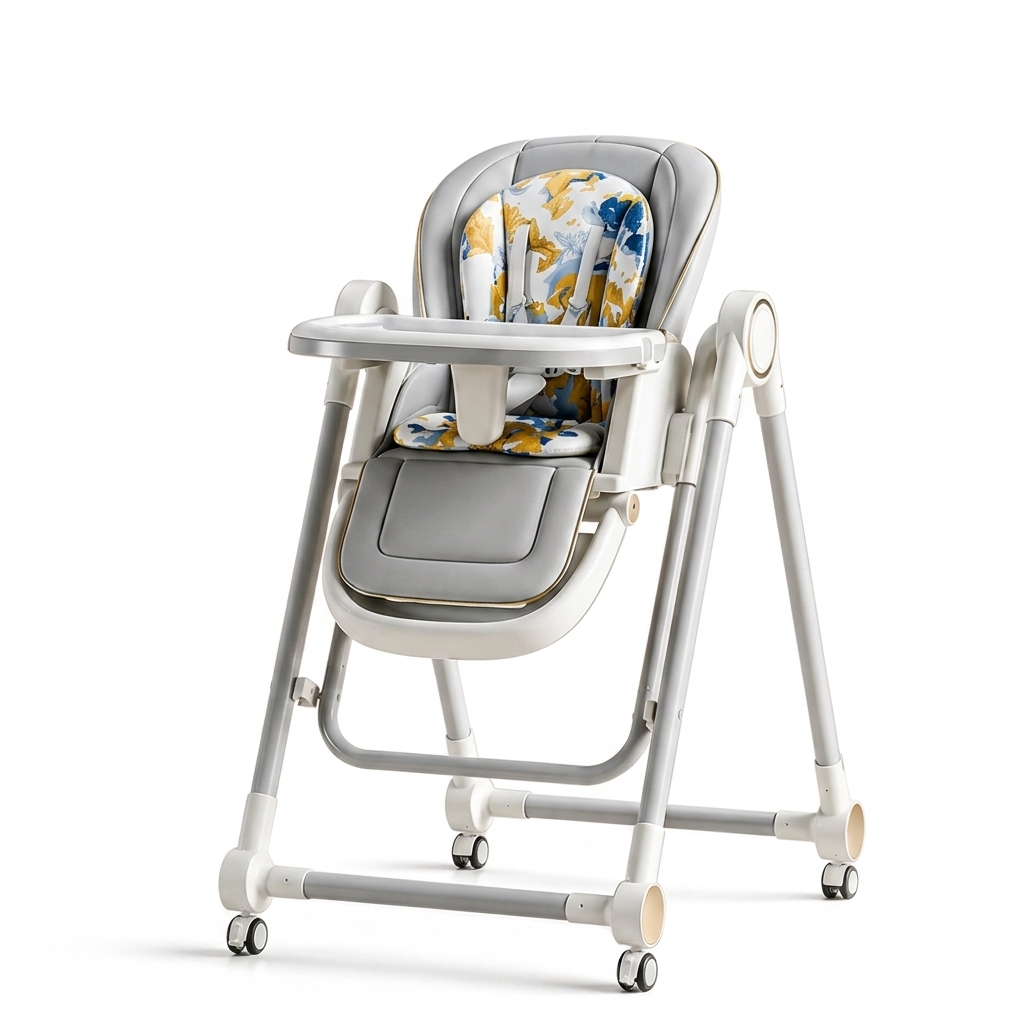 Modern baby high chair with floral cushion on a white background