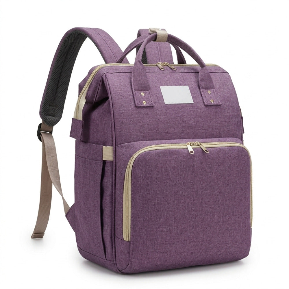 Purple backpack with beige accents on a white background