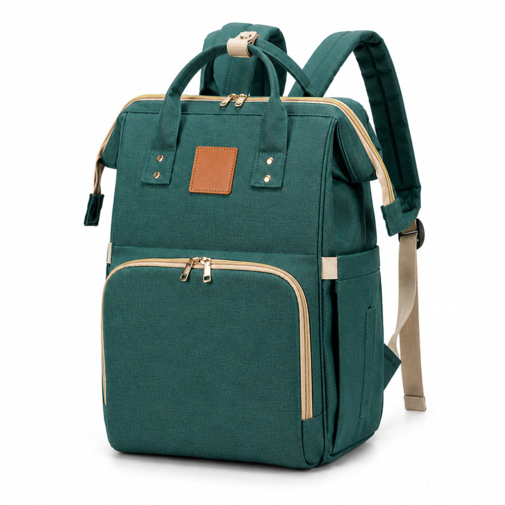 Green backpack with brown leather patch on a white background