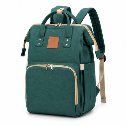 Green backpack with brown leather patch on a white background
