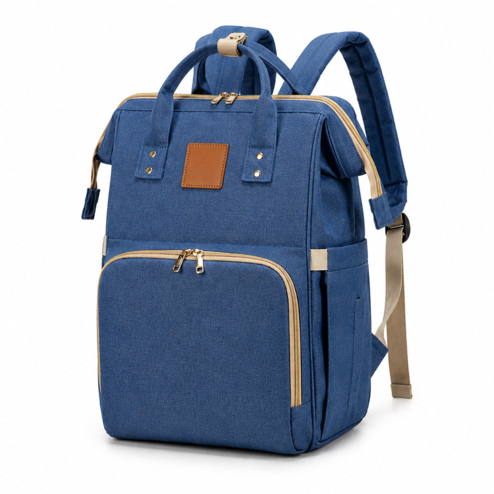 Blue backpack with brown accents on a white background