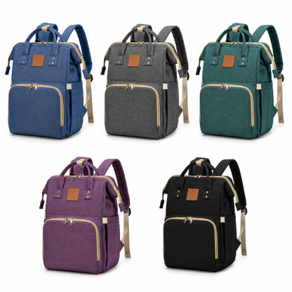 Set of five backpacks in different colors on a white background